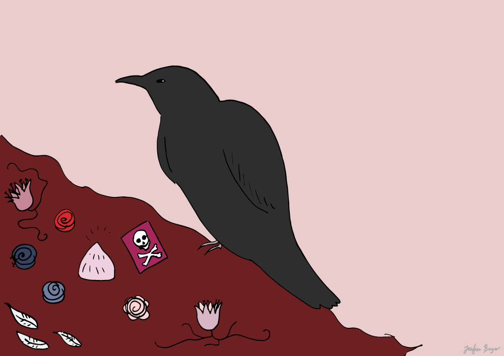 Illustration with a raven and a tarot card of a death skull.